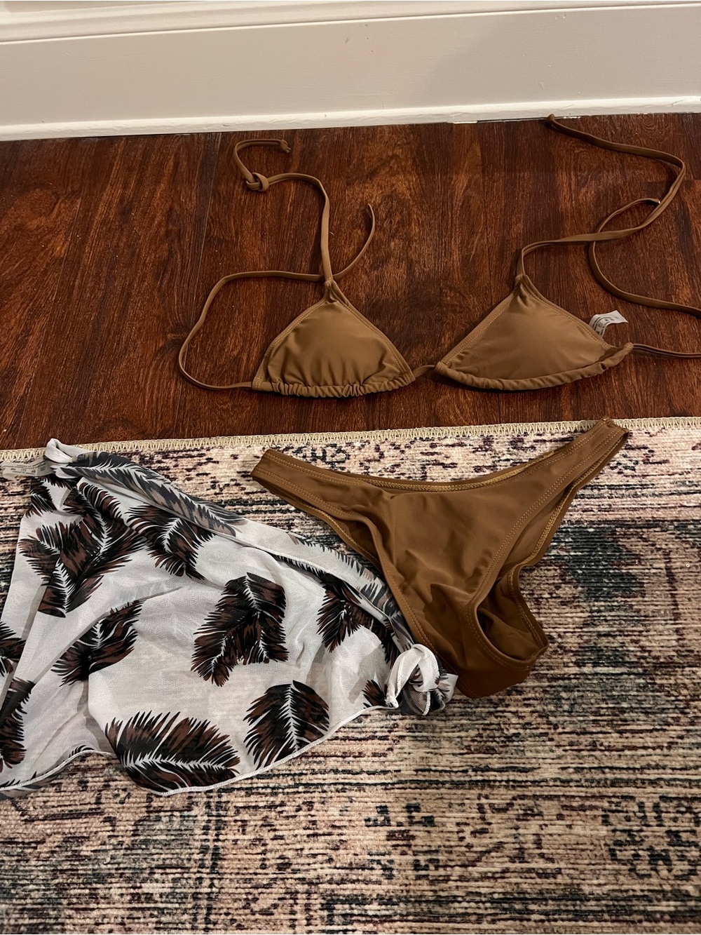 SHEIN Brown Triangle Bikini Set with Beach Sarong
